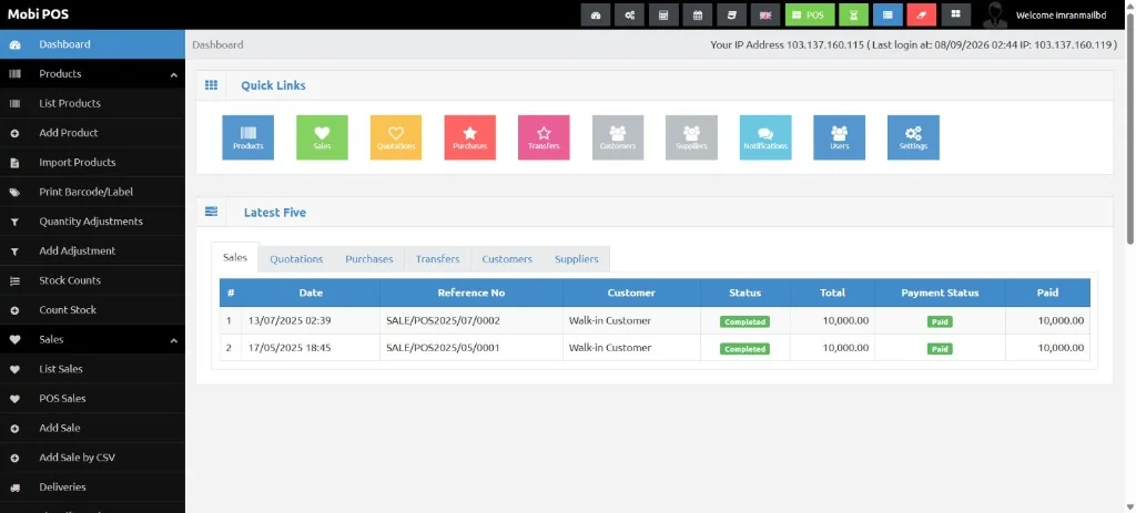 Mobi POS screen